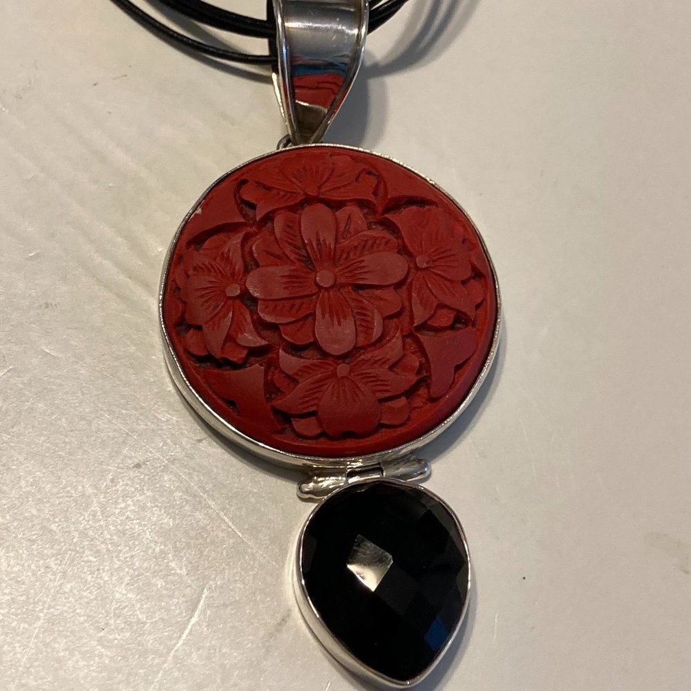 COPY - Red floral cinnabar and black onyx sterling silver pendant on cord neckl…